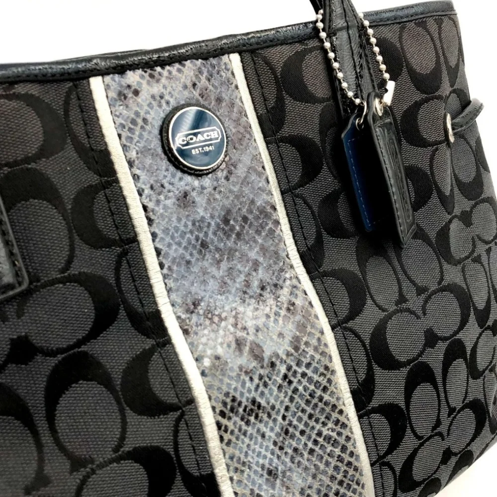 COACH Black Signature Satchel with Snakeskin Accent